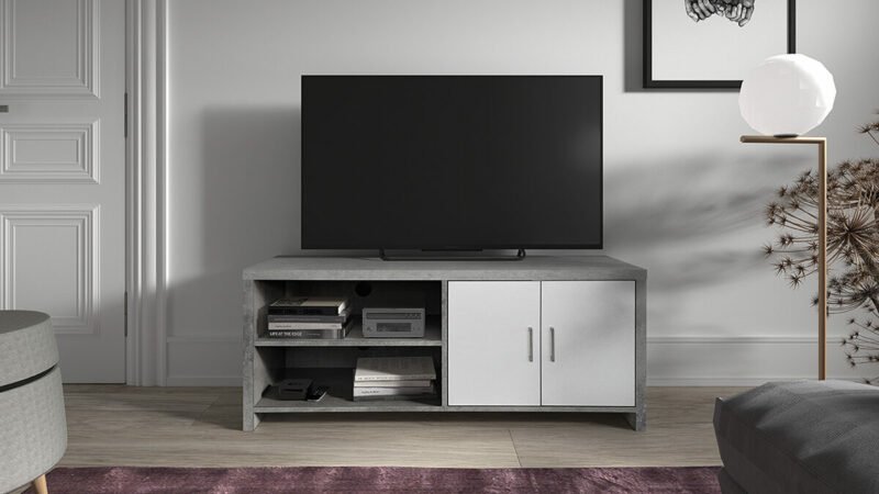 Meuble tv 'Daxon' 2 portes - Béton/Blanc