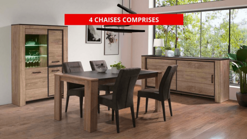 La salle à manger Oli combine le charme du bois naturel avec des touches métalliques noires pour un style industriel raffiné. L’ensemble comprend une table rectangulaire robuste, 4 chaises confortables en simili cuir marron, un buffet spacieux et une vitrine avec éclairage LED intégré. Son design chaleureux et moderne s’adapte parfaitement aux intérieurs contemporains.