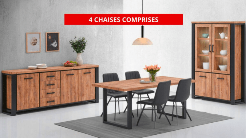 La salle à manger Stella allie le charme du bois naturel et l’élégance du métal noir pour un style industriel moderne. L’ensemble comprend une table rectangulaire robuste avec pieds métalliques, 4 chaises design noires, un buffet spacieux et une vitrine assortie avec éclairage intégré. Idéale pour un intérieur contemporain et chaleureux.