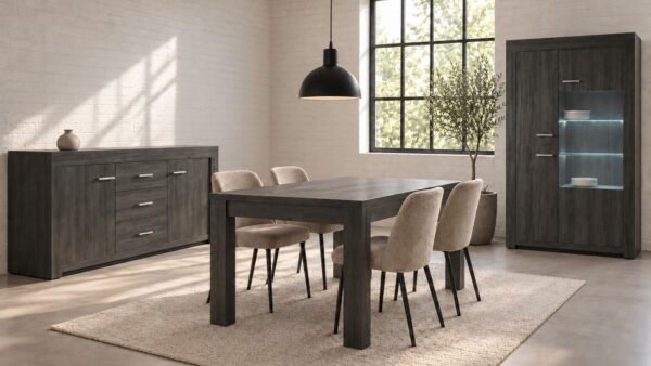 Salle à manger Trienen en décor bois gris foncé : bahut, vitrine et table